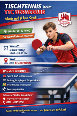 Jugend-Plakat: Tischtennis beim TTC Horneburg – Jugendliche gesucht